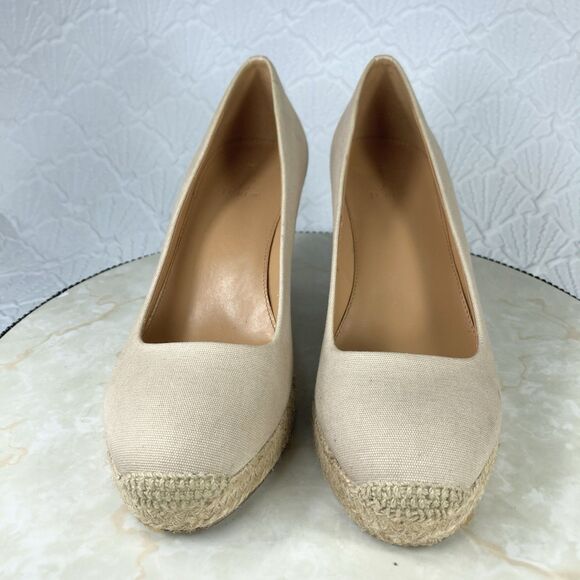 J. Crew Heels Women 9 Beige Canvas Comfort Summer Slip On Espadrille Wedge Pumps - Picture 3 of 14